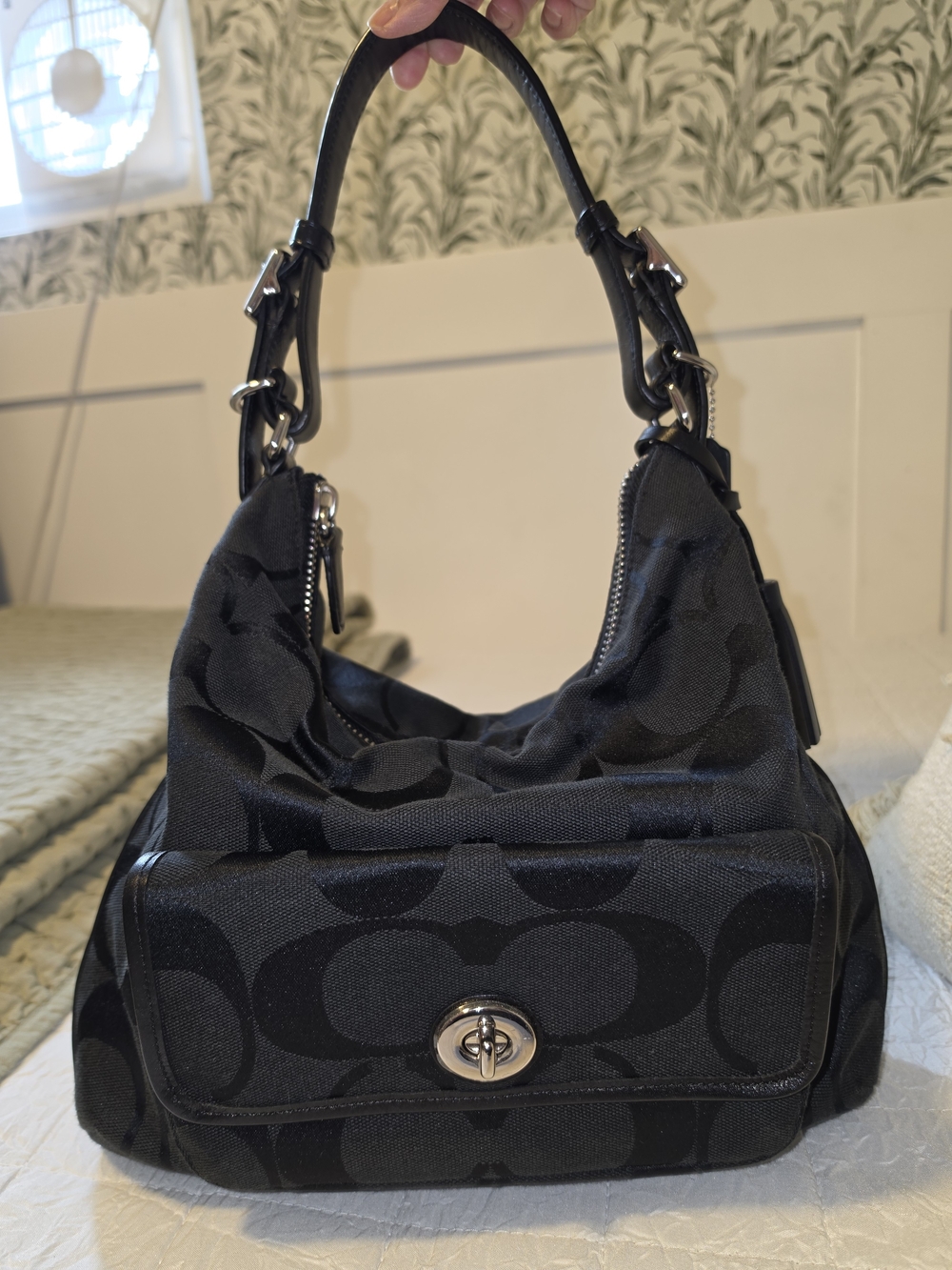 Coach Black Legacy Signature Jacquard Hobo Shoulder Bag